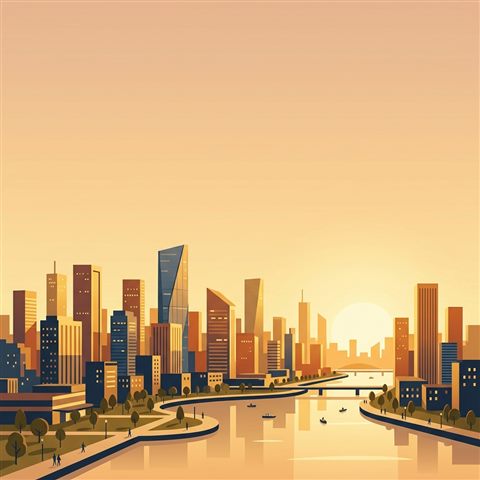 Minimal flat illustration of modern city skyline, wide shot with open space at the top for text, warm golden light, calm mood, 1:1 aspect ratio