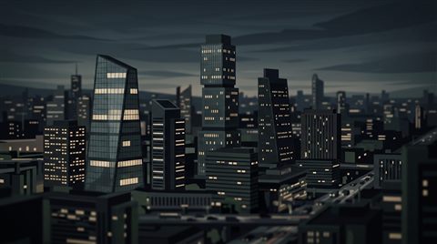 현대적인 도시 스카이라인, 미니멀 플랫 일러스트, 가까이 담은 디테일, 얕은 심도, 어두운 톤, 극적인 조명, 16:9 비율