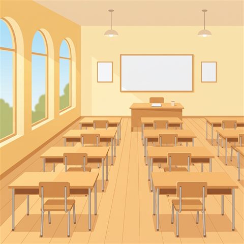 나무 책상이 놓인 밝고 빈 교실, 미니멀 플랫 일러스트, 단순하고 깔끔한 구도 가운데 놓인 피사체, 따뜻한 황금빛, 차분한 분위기, 1:1 비율