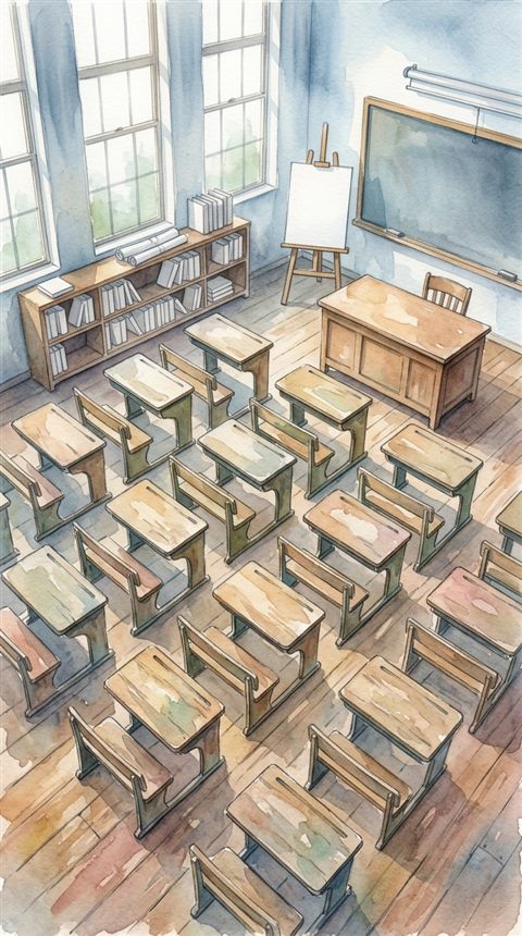 나무 책상이 놓인 밝고 빈 교실, 수채화 일러스트, 위에서 내려다본 구도, 아침 안개, 몽환적인 분위기, 9:16 비율