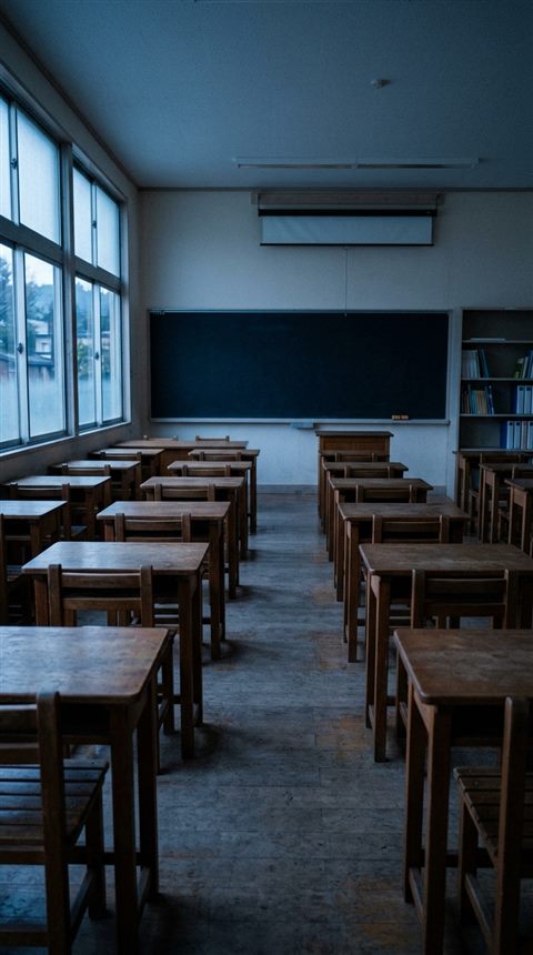 나무 책상이 놓인 밝고 빈 교실, 시네마틱 영화 장면, 단순하고 깔끔한 구도 가운데 놓인 피사체, 차가운 푸른 톤, 고요한 분위기, 9:16 비율