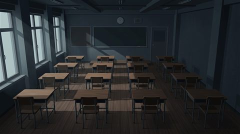 나무 책상이 놓인 밝고 빈 교실, 미니멀 플랫 일러스트, 위에서 내려다본 구도, 어두운 톤, 극적인 조명, 16:9 비율