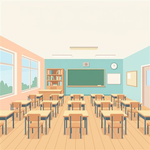 나무 책상이 놓인 밝고 빈 교실, 미니멀 플랫 일러스트, 위쪽에 글자 넣을 여백이 있는 넓은 구도, 부드러운 파스텔 색감, 밝고 포근한 분위기, 1:1 비율