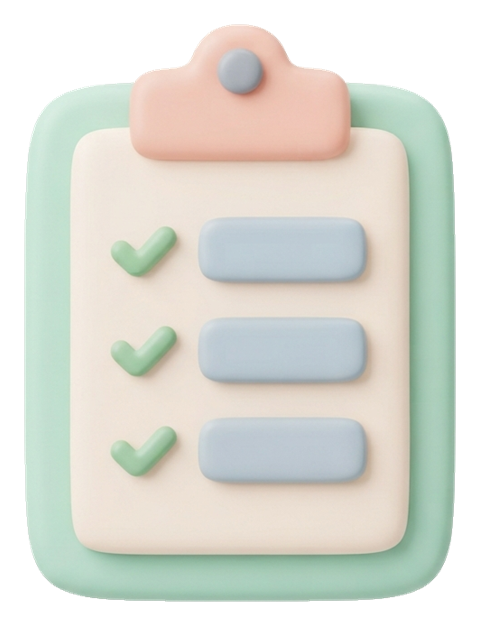 Soft 3D icon, pastel clay render of a clipboard checklist icon, transparent background PNG