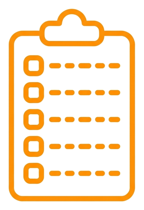 Rounded line icon, thick orange outline of a clipboard checklist icon, transparent background PNG