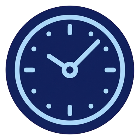 Duotone icon, navy blue and light blue of a round clock icon, transparent background PNG