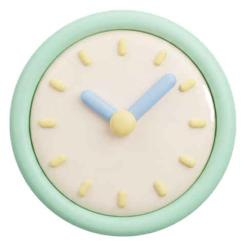 Soft 3D icon, pastel clay render of a round clock icon, transparent background PNG