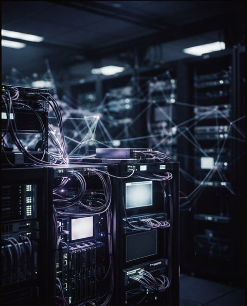 Cinematic film still of an abstract cloud computing network, close-up detail with shallow depth of field, moody dark tones, dramatic lighting, 4:5 aspect ratio