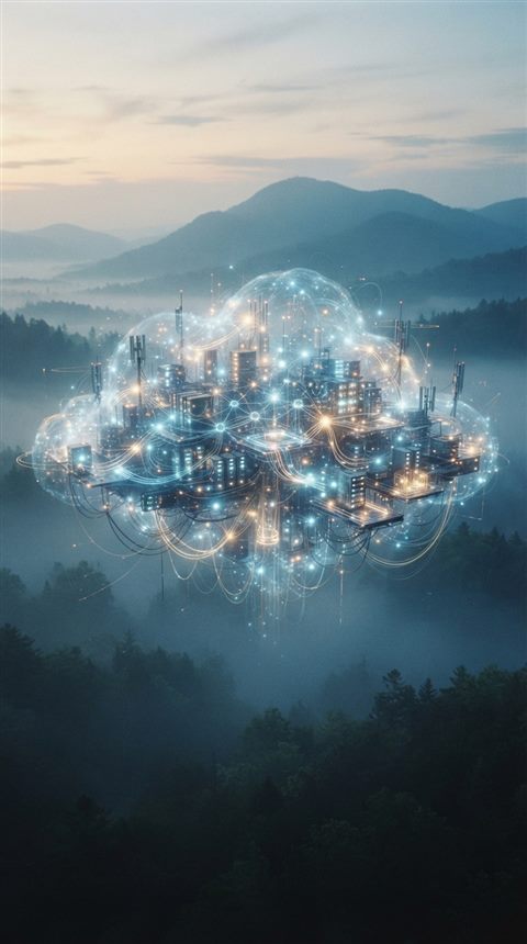 Cinematic film still of an abstract cloud computing network, centered subject with a simple uncluttered composition, misty morning haze, dreamy, 9:16 aspect ratio