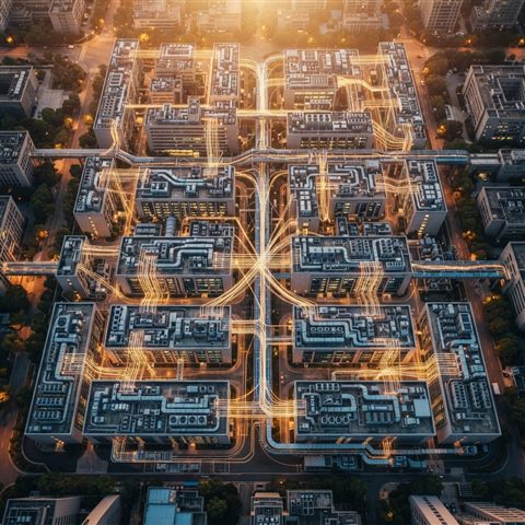 Photorealistic photo of an abstract cloud computing network, high-angle view from above, warm golden light, calm mood, 1:1 aspect ratio