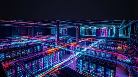 Photorealistic photo of an abstract cloud computing network, wide shot with open space at the top for text, vivid colors, high contrast, energetic, 16:9 aspect ratio
