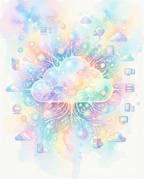 Watercolor illustration of an abstract cloud computing network, centered subject with a simple uncluttered composition, soft pastel colors, bright and cozy, 4:5 aspect ratio