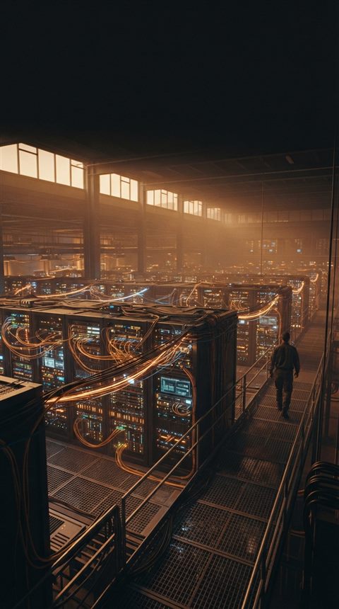 Cinematic film still of an abstract cloud computing network, wide shot with open space at the top for text, warm golden light, calm mood, 9:16 aspect ratio