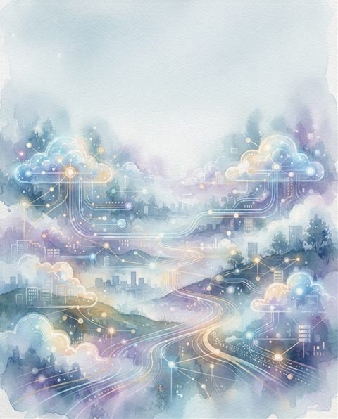 Watercolor illustration of an abstract cloud computing network, wide shot with open space at the top for text, misty morning haze, dreamy, 4:5 aspect ratio