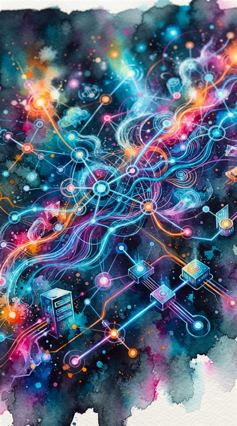 Watercolor illustration of an abstract cloud computing network, close-up detail with shallow depth of field, vivid colors, high contrast, energetic, 9:16 aspect ratio