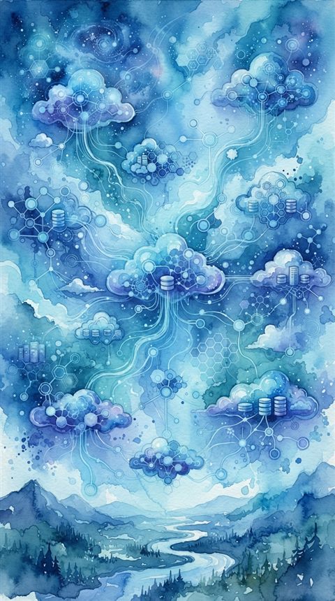 Watercolor illustration of an abstract cloud computing network, high-angle view from above, cool blue tones, quiet atmosphere, 9:16 aspect ratio