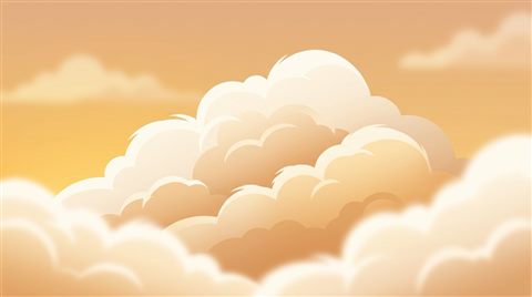 Minimal flat illustration of fluffy white clouds, close-up detail with shallow depth of field, warm golden light, calm mood, 16:9 aspect ratio