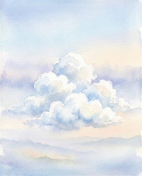 Watercolor illustration of fluffy white clouds, centered subject with a simple uncluttered composition, misty morning haze, dreamy, 4:5 aspect ratio