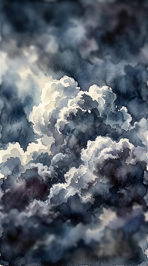 Watercolor illustration of fluffy white clouds, close-up detail with shallow depth of field, moody dark tones, dramatic lighting, 9:16 aspect ratio