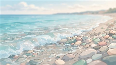 Minimal flat illustration of a calm wave touching a quiet pebble shore, close-up detail with shallow depth of field, soft pastel colors, bright and cozy, 16:9 aspect ratio