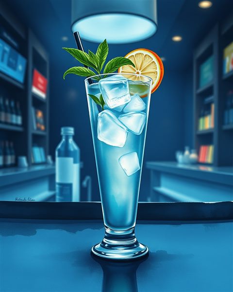 Watercolor illustration of A refreshing iced cocktail in a tall glass garnished with mint leaves and a citrus slice, set on a moody dark bar., close-up detail with shallow depth of field, cool blue tones, quiet atmosphere, 4:5 aspect ratio