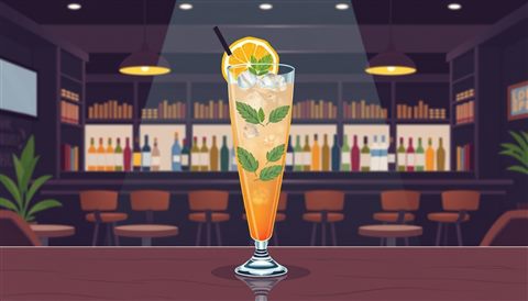 Minimal flat illustration of A refreshing iced cocktail in a tall glass garnished with mint leaves and a citrus slice, set on a moody dark bar., wide shot with open space at the top for text, soft pastel colors, bright and cozy, 16:9 aspect ratio