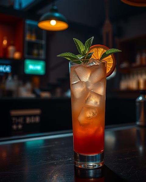 Cinematic film still of A refreshing iced cocktail in a tall glass garnished with mint leaves and a citrus slice, set on a moody dark bar., close-up detail with shallow depth of field, vivid colors, high contrast, energetic, 4:5 aspect ratio