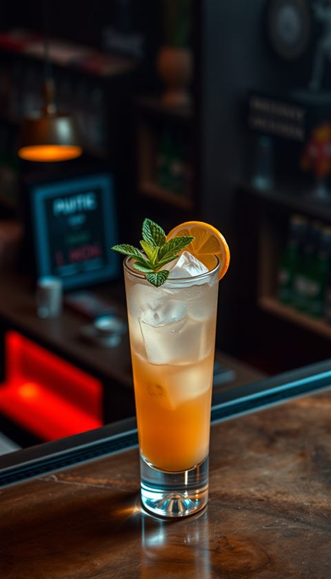 Photorealistic photo of A refreshing iced cocktail in a tall glass garnished with mint leaves and a citrus slice, set on a moody dark bar., high-angle view from above, moody dark tones, dramatic lighting, 9:16 aspect ratio