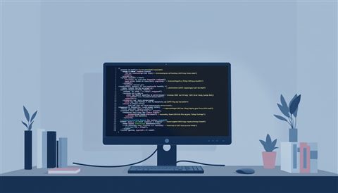Minimal flat illustration of Glowing lines of computer programming code on a dark monitor screen in a dimly lit room, centered subject with a simple uncluttered composition, soft pastel colors, bright and cozy, 16:9 aspect ratio