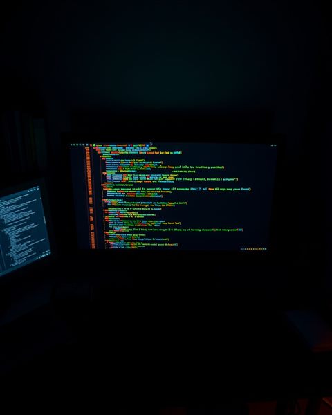 Cinematic film still of Glowing lines of computer programming code on a dark monitor screen in a dimly lit room, high-angle view from above, vivid colors, high contrast, energetic, 4:5 aspect ratio