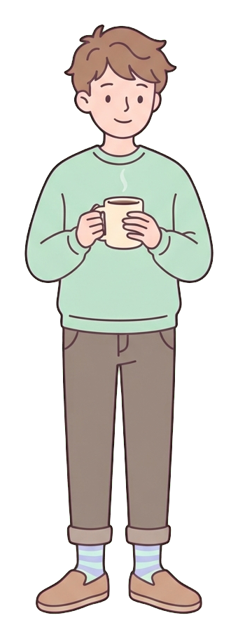 Simple cute flat cartoon illustration with soft pastel colors and thin clean dark outlines of a young man, person taking a relaxing coffee break holding a warm mug, transparent background PNG