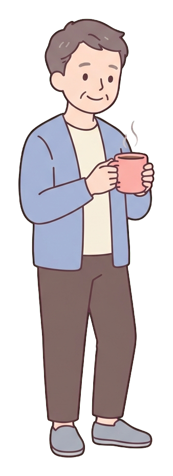 Simple cute flat cartoon illustration with soft pastel colors and thin clean dark outlines of a middle-aged man, person taking a relaxing coffee break holding a warm mug, transparent background PNG
