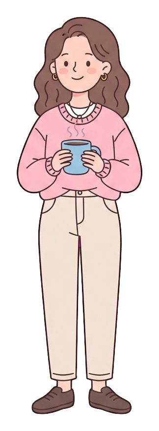 Simple cute flat cartoon illustration with soft pastel colors and thin clean dark outlines of a young woman, person taking a relaxing coffee break holding a warm mug, transparent background PNG
