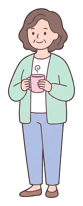 Simple cute flat cartoon illustration with soft pastel colors and thin clean dark outlines of a middle-aged woman, person taking a relaxing coffee break holding a warm mug, transparent background PNG
