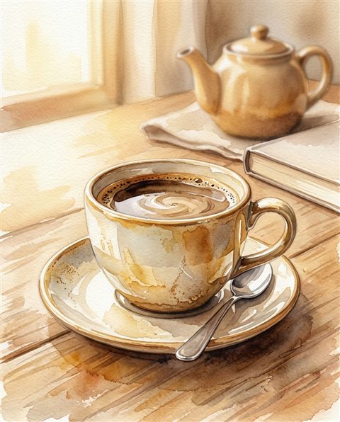 커피 한 잔, 수채화 일러스트, 단순하고 깔끔한 구도 가운데 놓인 피사체, 따뜻한 황금빛, 차분한 분위기, 4:5 비율