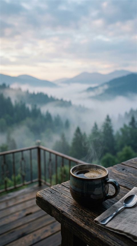 Cinematic film still of cup of coffee, wide shot with open space at the top for text, misty morning haze, dreamy, 9:16 aspect ratio