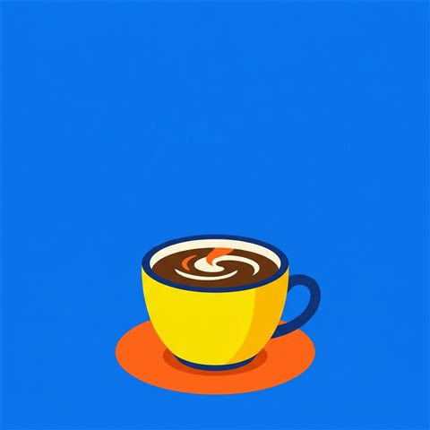 Minimal flat illustration of cup of coffee, wide shot with open space at the top for text, vivid colors, high contrast, energetic, 1:1 aspect ratio