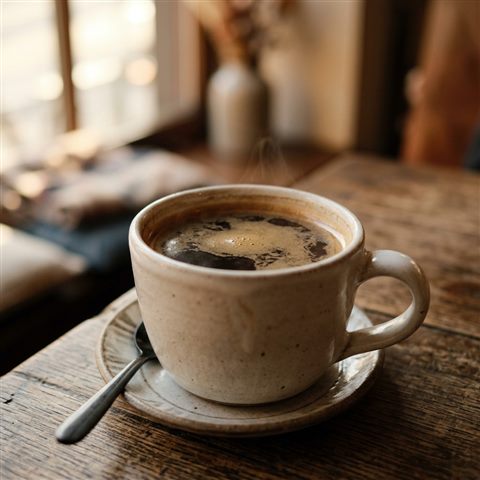 Photorealistic photo of cup of coffee, close-up detail with shallow depth of field, warm golden light, calm mood, 1:1 aspect ratio