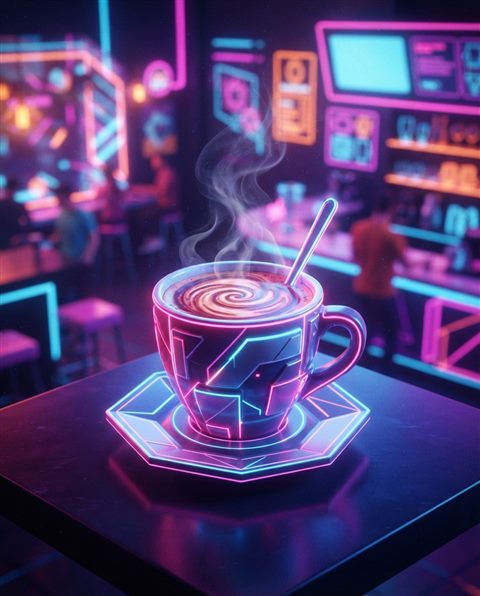 Cinematic film still of Isometric 3d vector of a cup of coffee, front-facing view, vibrant neon colors, modern and energetic, 16:9 aspect ratio, close-up detail with shallow depth of field, vivid colors, high contrast, energetic, 4:5 aspect ratio
