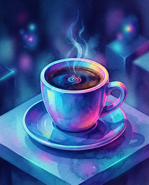 Watercolor illustration of Isometric 3d vector of a cup of coffee, front-facing view, vibrant neon colors, modern and energetic, 16:9 aspect ratio, close-up detail with shallow depth of field, cool blue tones, quiet atmosphere, 4:5 aspect ratio