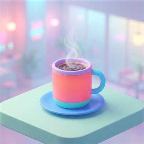 Soft 3D render of Isometric 3d vector of a cup of coffee, front-facing view, vibrant neon colors, modern and energetic, 16:9 aspect ratio, centered subject with a simple uncluttered composition, misty morning haze, dreamy, 1:1 aspect ratio