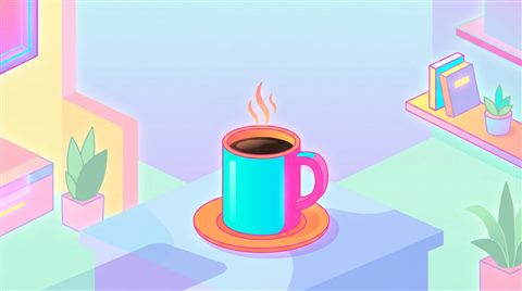 Minimal flat illustration of Isometric 3d vector of a cup of coffee, front-facing view, vibrant neon colors, modern and energetic, 16:9 aspect ratio, wide shot with open space at the top for text, soft pastel colors, bright and cozy, 16:9 aspect ratio