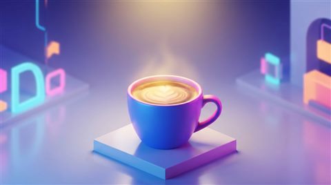 Photorealistic photo of Isometric 3d vector of a cup of coffee, front-facing view, vibrant neon colors, modern and energetic, 16:9 aspect ratio, wide shot with open space at the top for text, warm golden light, calm mood, 16:9 aspect ratio