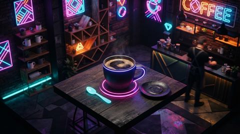 Photorealistic photo of Isometric 3d vector of a cup of coffee, front-facing view, vibrant neon colors, modern and energetic, 16:9 aspect ratio, high-angle view from above, moody dark tones, dramatic lighting, 16:9 aspect ratio
