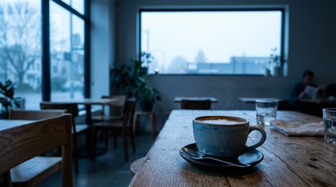 Photorealistic photo of cup of coffee, wide shot with open space at the top for text, cool blue tones, quiet atmosphere, 16:9 aspect ratio