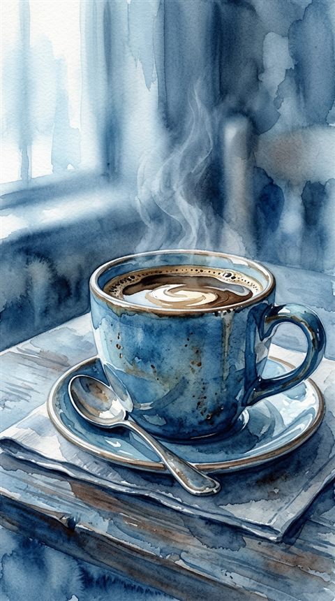 Watercolor illustration of cup of coffee, close-up detail with shallow depth of field, cool blue tones, quiet atmosphere, 9:16 aspect ratio