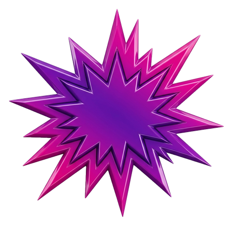 Glossy 3D render, purple and pink gradient of an empty comic book explosion burst shape, transparent background PNG