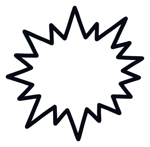 Cute sticker style with a thick dark outline of an empty comic book explosion burst shape, transparent background PNG