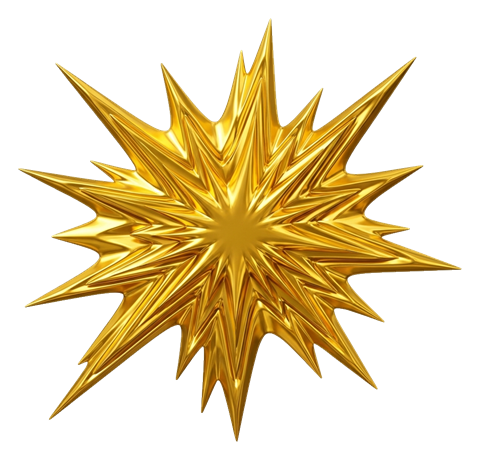Shiny 3D render, gold metallic finish of an empty comic book explosion burst shape, transparent background PNG