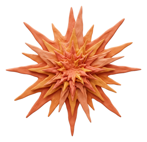 Clay 3D render, warm orange and coral tones of an empty comic book explosion burst shape, transparent background PNG